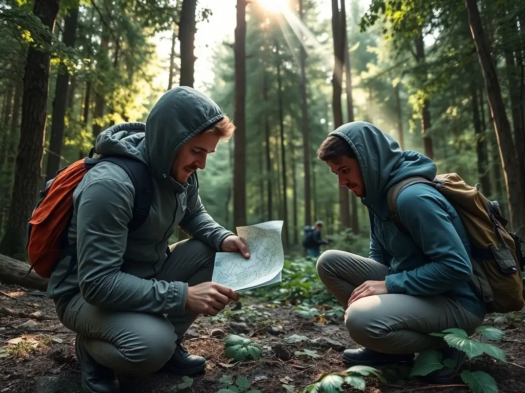 Participants using maps and compasses in a dense forest, highlighting the navigational skills required for orienteering.