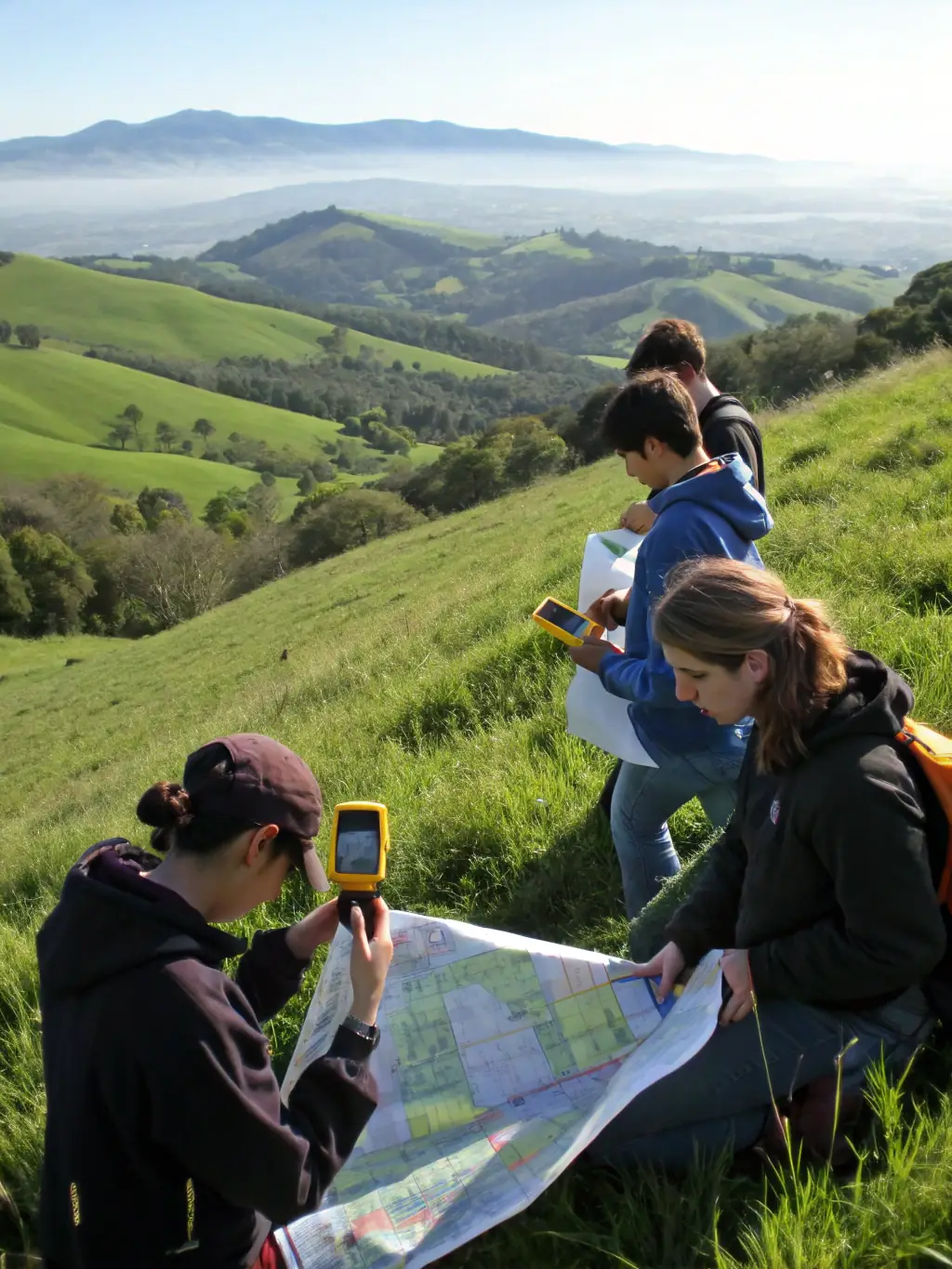 An image of participants in an orienteering course, using maps and compasses to navigate through a park, emphasizing the teamwork and problem-solving aspects.