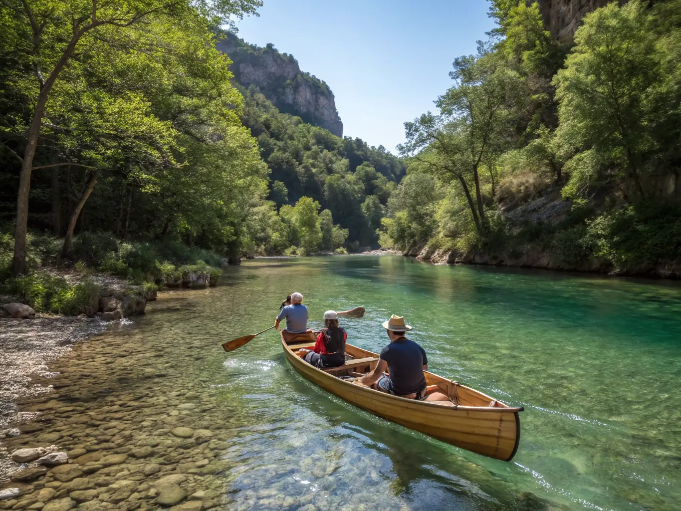 A serene image of people canoeing on a calm river, surrounded by lush greenery, showcasing the tranquility and teamwork involved.