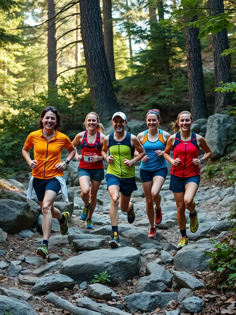 A group of trail runners ascending a hill during a trail running event, capturing the endurance and camaraderie of the sport.