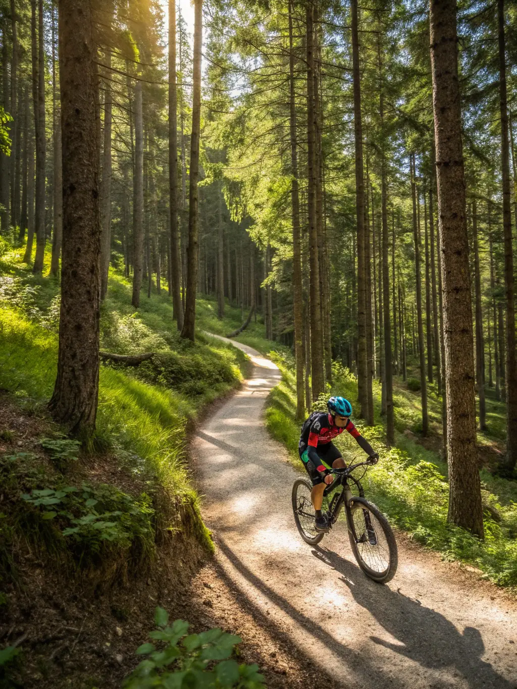 A vibrant action shot of a mountain biker speeding through a forest trail, showcasing the thrill and adventure of VTT with SERIAL AZIMUT SAINTONGEAIS.