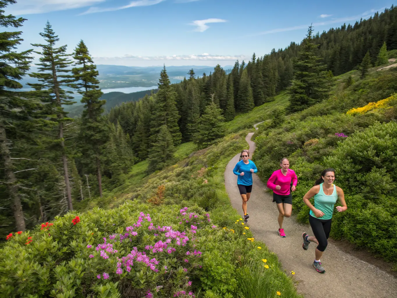 A vibrant image of trail runners traversing a picturesque trail, highlighting the endurance and natural beauty experienced during a trail running event organized by SERIAL AZIMUT SAINTONGEAIS.