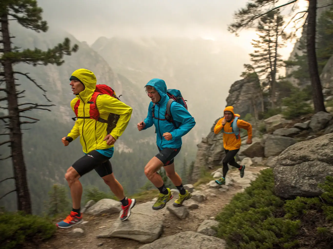 A group of mountain bikers riding through a forest trail, showcasing the excitement and challenge of mountain biking.