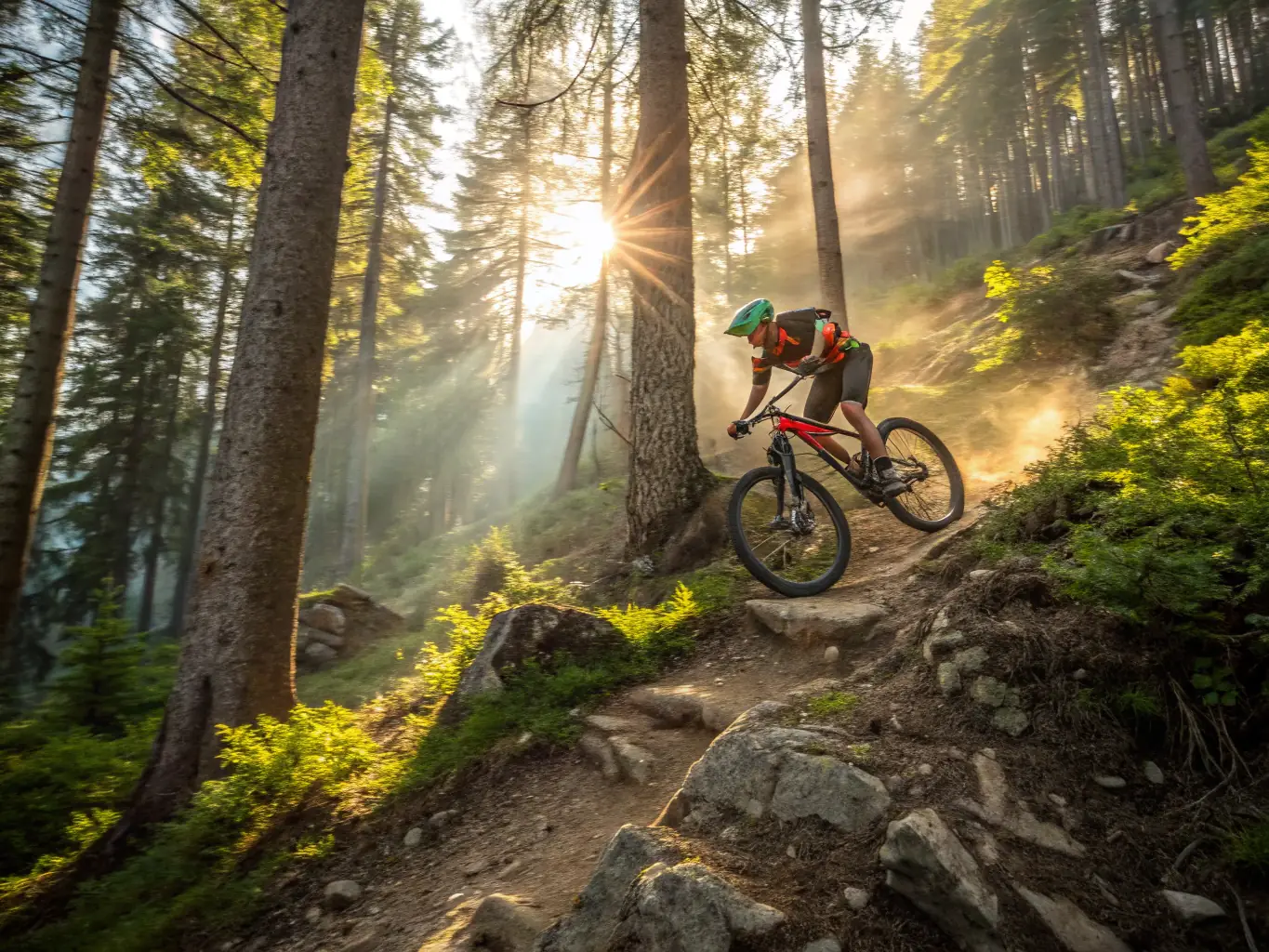 A dynamic action shot of participants mountain biking through a scenic forest trail, showcasing the excitement and challenge of VTT with SERIAL AZIMUT SAINTONGEAIS.