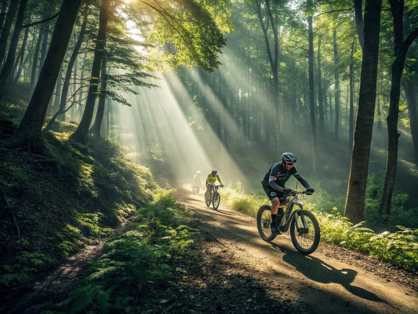 A vibrant image showing a group of diverse participants engaged in mountain biking through a forest trail, highlighting teamwork and outdoor adventure.