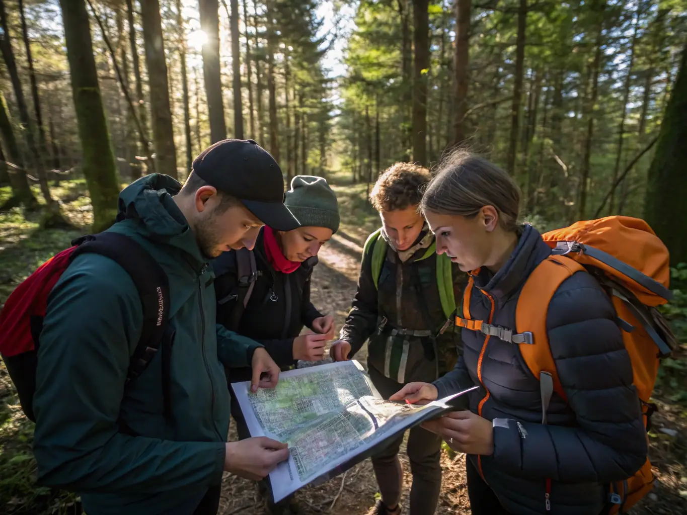 An image of participants engaged in a course d'orientation activity, using maps and compasses to navigate through a natural setting, emphasizing teamwork and problem-solving.